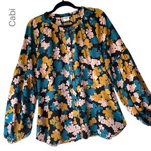 CABI | NWOT FLORAL FAVORITE BLOUSE LONG BISHOP SLEEVE PEPLUM TEAL BLACK | LARGE